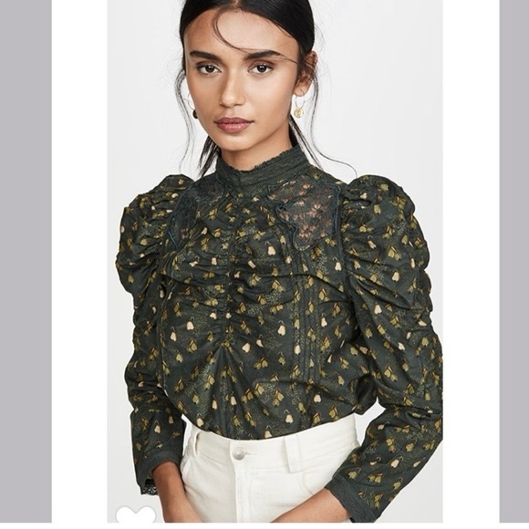 FARM Rio Tops - Farm Rio Green Floral Print Eyelet Puff Sleeve Cotton Blend Size Small
